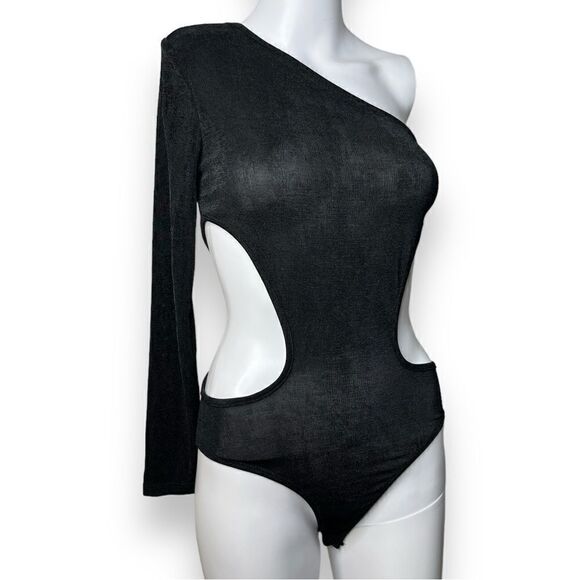 SHEIN One Sleeve Cut Out Bodysuit Black Size XS - Picture 3 of 4
